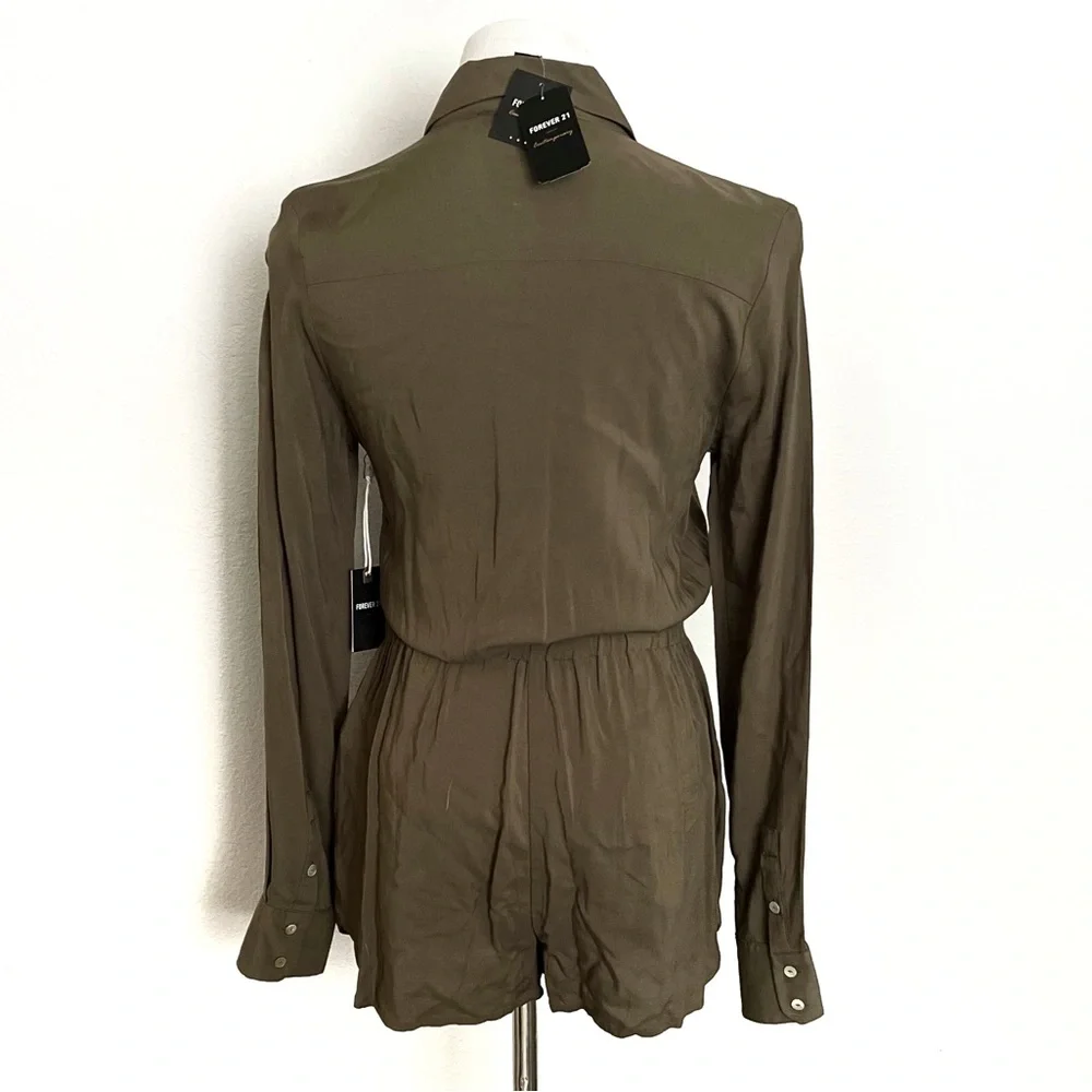 ROMPER JUMPSUIT OLIVE GREEN Forever 21 Button Long sleeve Elastic Waist Tie Siz… - Picture 4 of 15